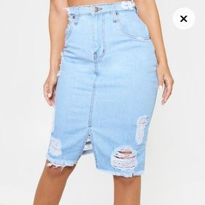 Light wash Distressed hem midi skirt